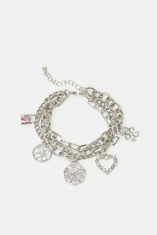 Women Silver Embellished Layered Bracelet sold by Redtag
