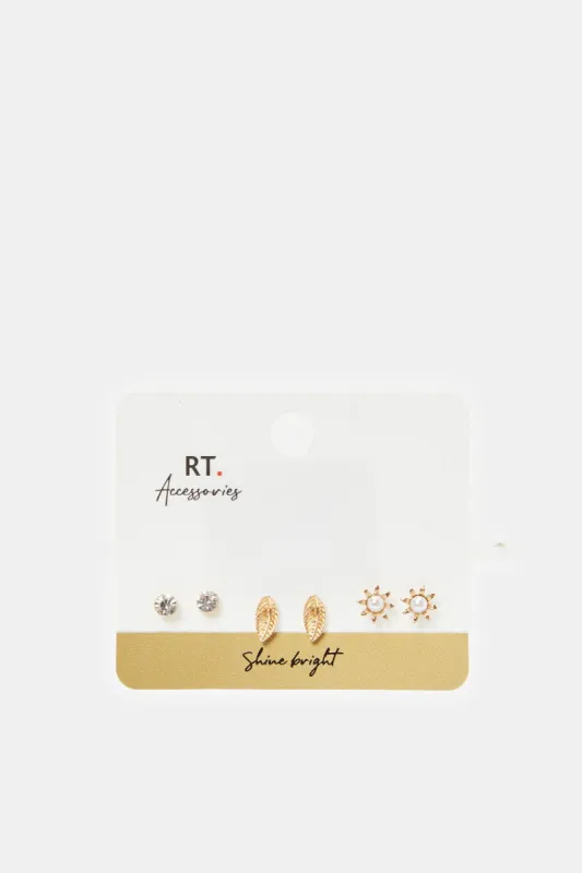 Women Gold Embellished Studs (3 Pairs) sold by Redtag