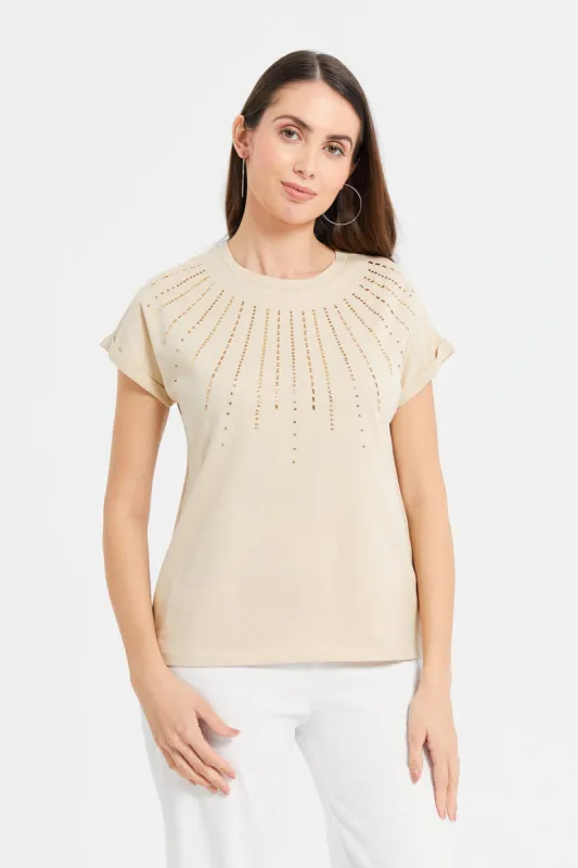 Women Beige Rolled Sleeves With Embellishement T-Shirt sold by Redtag