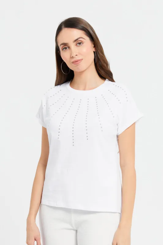 Women White Rolled Sleeves With Embellishment T-Shirt sold by Redtag