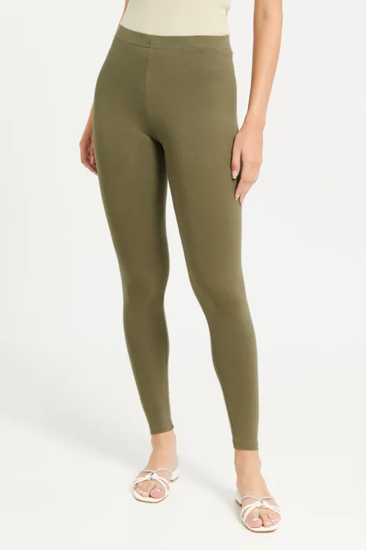 Women Olive Long Length Leggings sold by Redtag