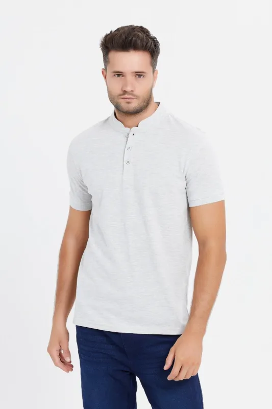 Men Charcoal Standup Collar Polo Shirt sold by Redtag