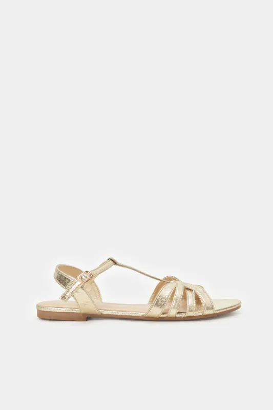 Women Gold T Bar Sandal sold by Redtag