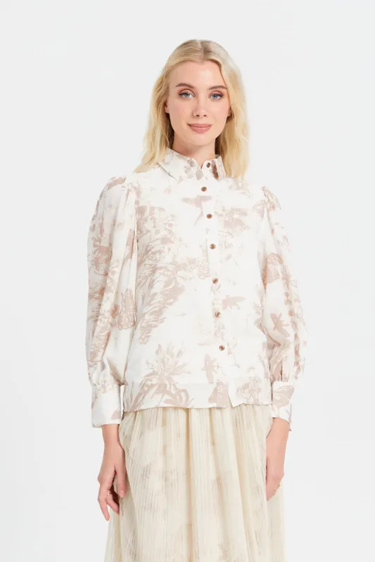 Women Beige Printed Shirt Blouse sold by Redtag