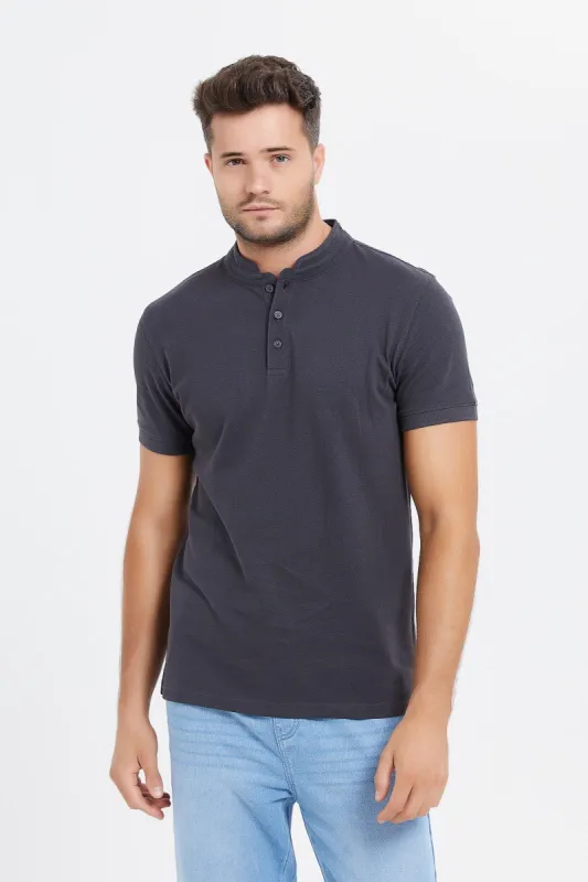 Men Charcoal Standup Collar Polo Shirt sold by Redtag