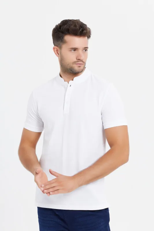 Men White Standup Collar Polo Shirt sold by Redtag