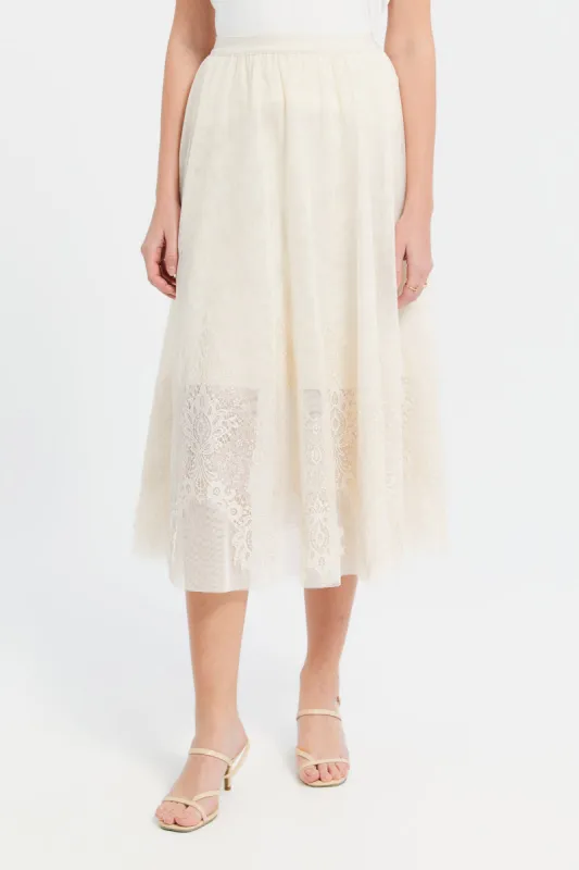 Women Beige Lace Patch Mesh Skirt sold by Redtag