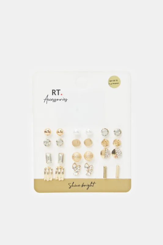 Women Gold Embellished Earrings Set (12 Pairs) sold by Redtag