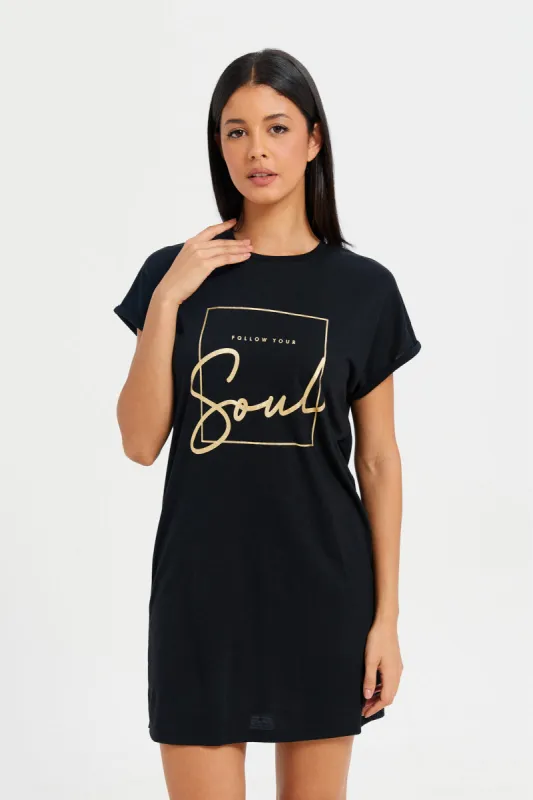 Women Black Soul Print Nightshirt sold by Redtag