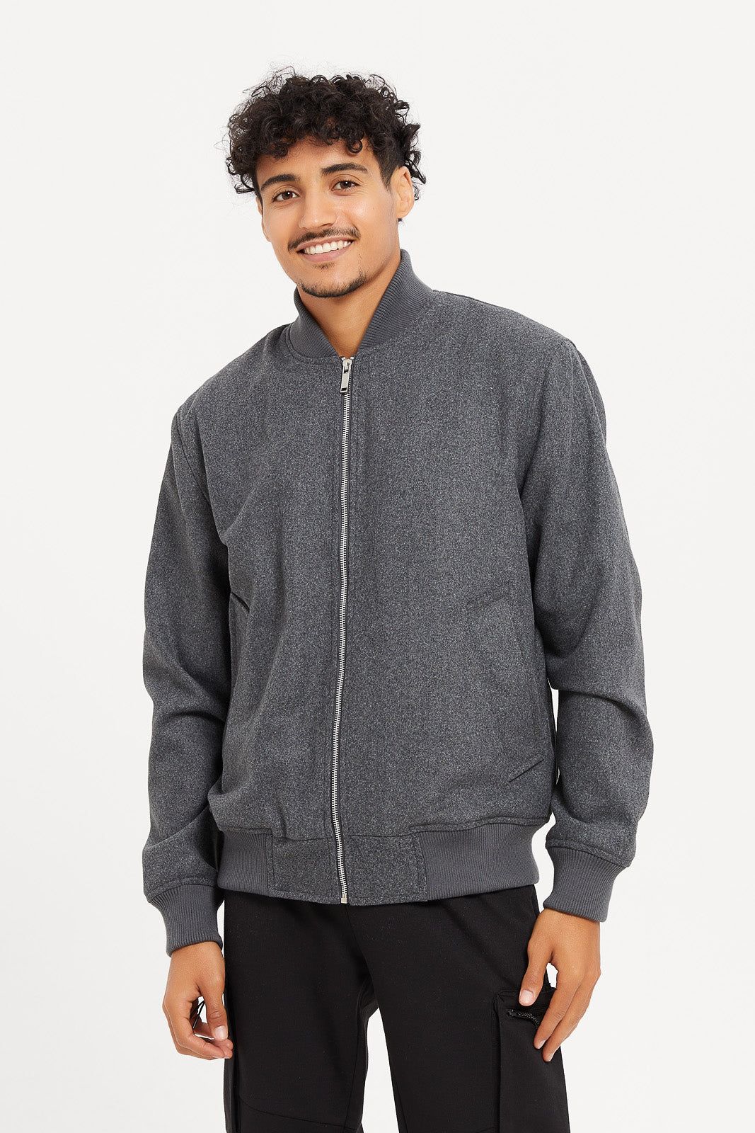 Men Charcoal Faux Fur Lined Melton Bomber Jacket sold by Redtag