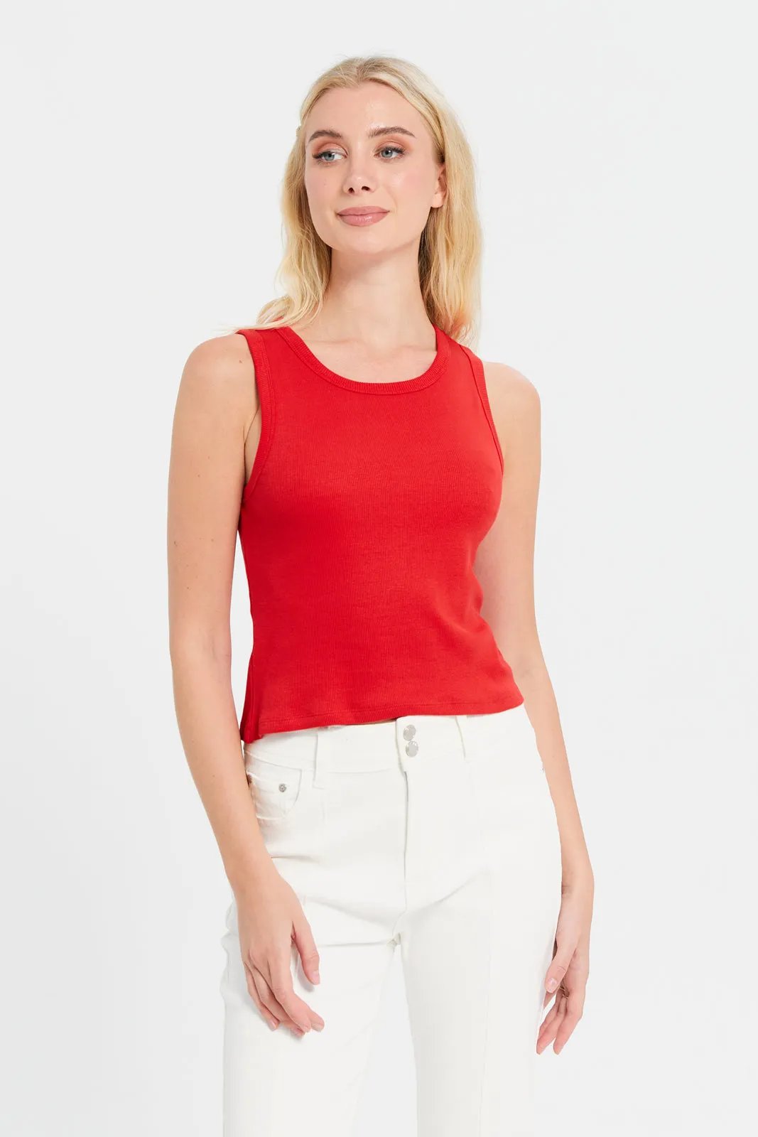 Women Red Rib Vest Cropped Top sold by Redtag