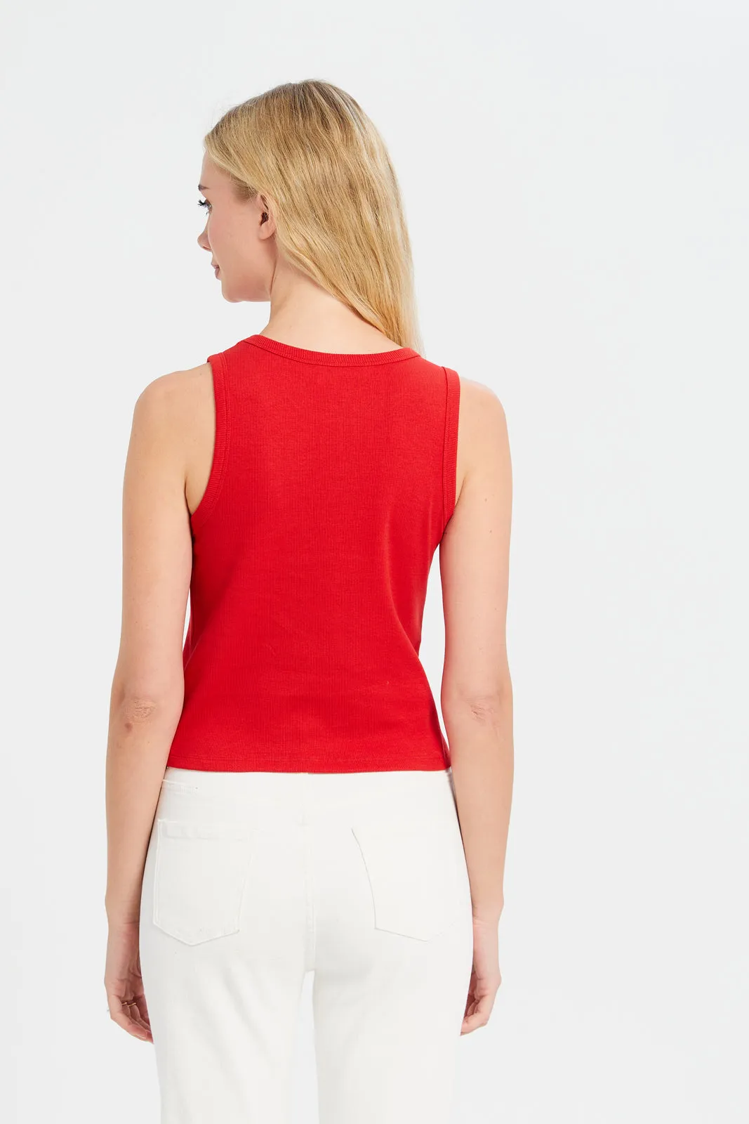 Women Red Rib Vest Cropped Top sold by Redtag product image thumbnail 3