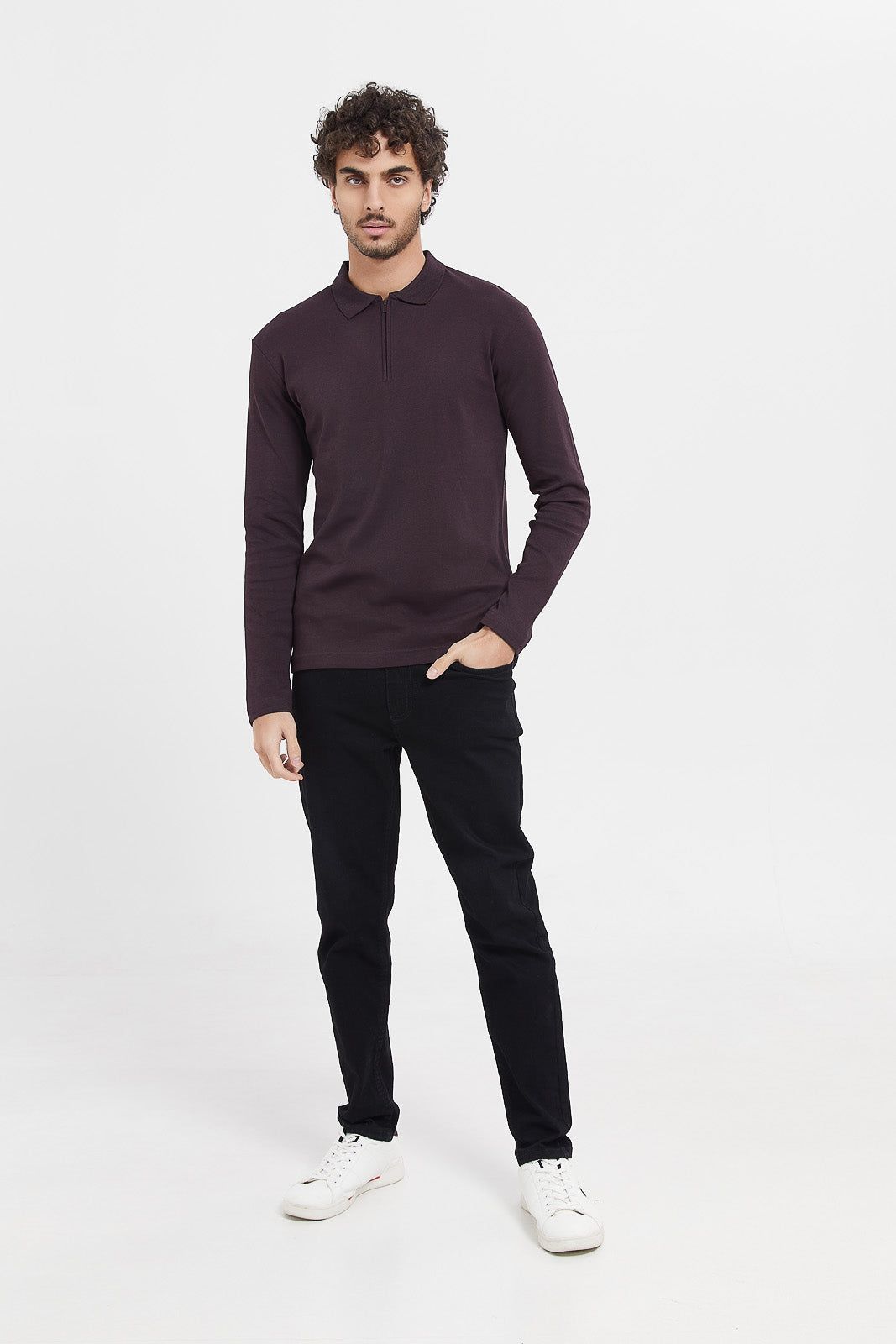 Men Purple Zip Placket Long Sleeve Polo Shirt sold by Redtag product image thumbnail 2