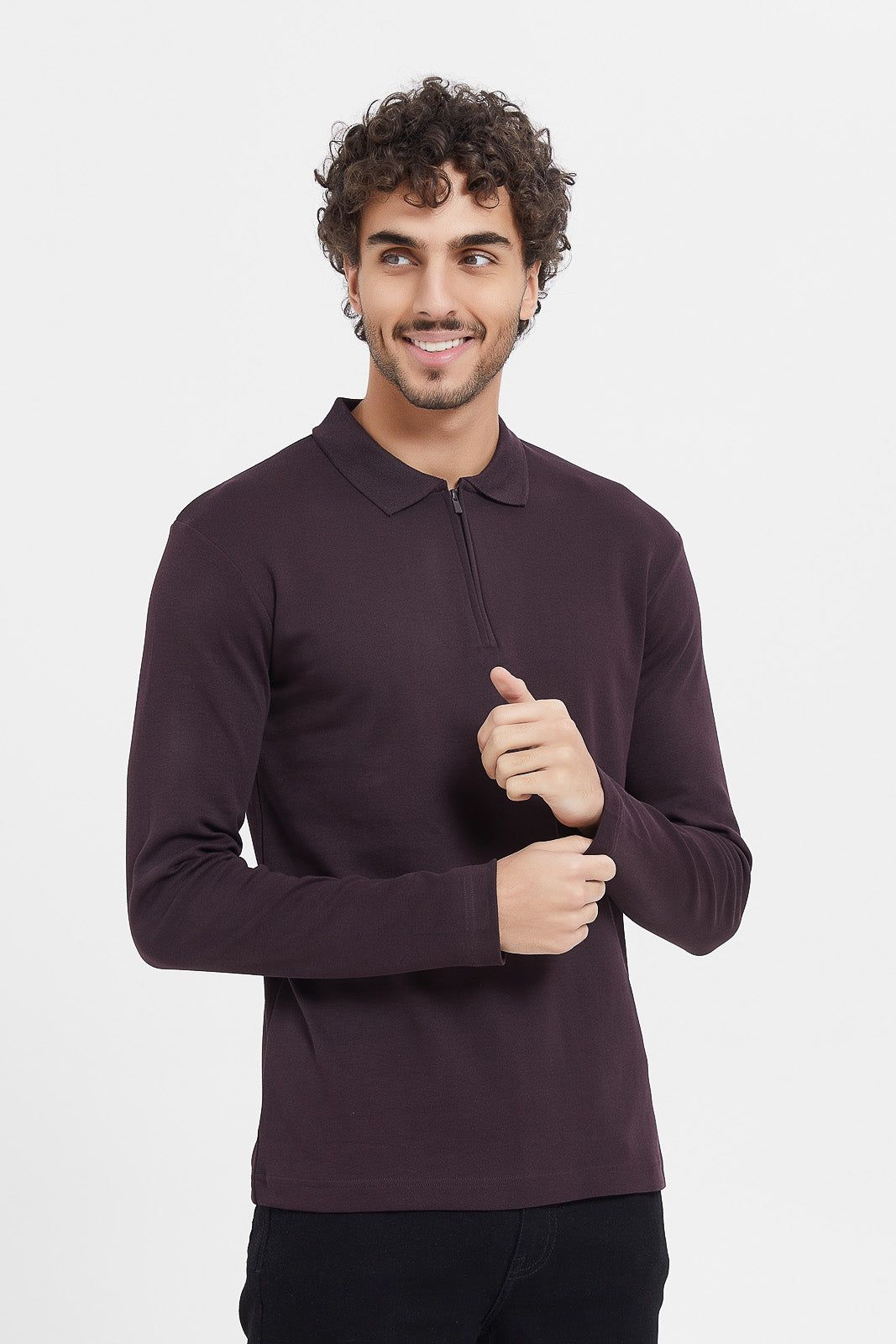 Men Purple Zip Placket Long Sleeve Polo Shirt sold by Redtag