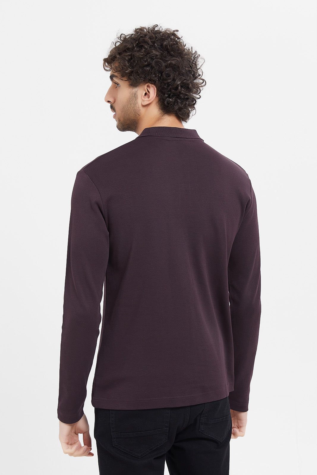 Men Purple Zip Placket Long Sleeve Polo Shirt sold by Redtag product image thumbnail 3