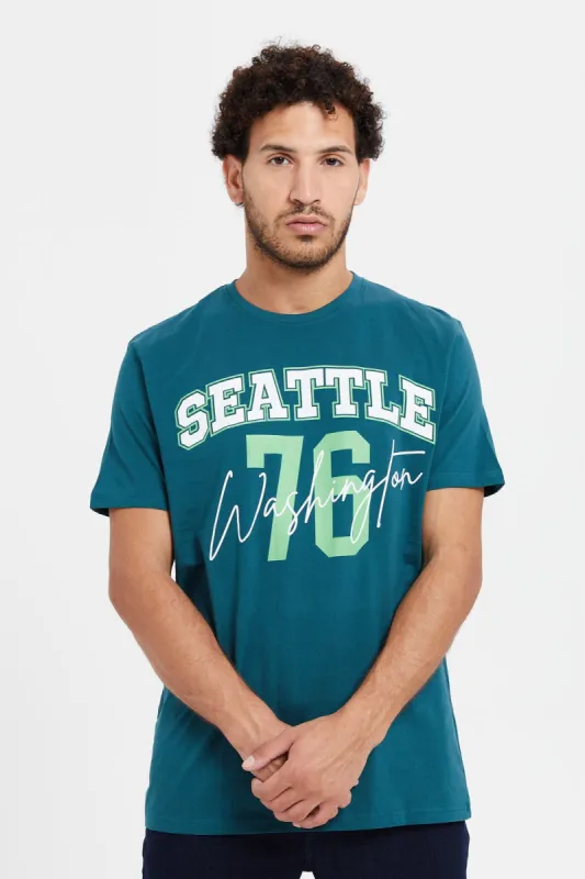 Men Teal Printed Round Neck T-Shirt sold by Redtag