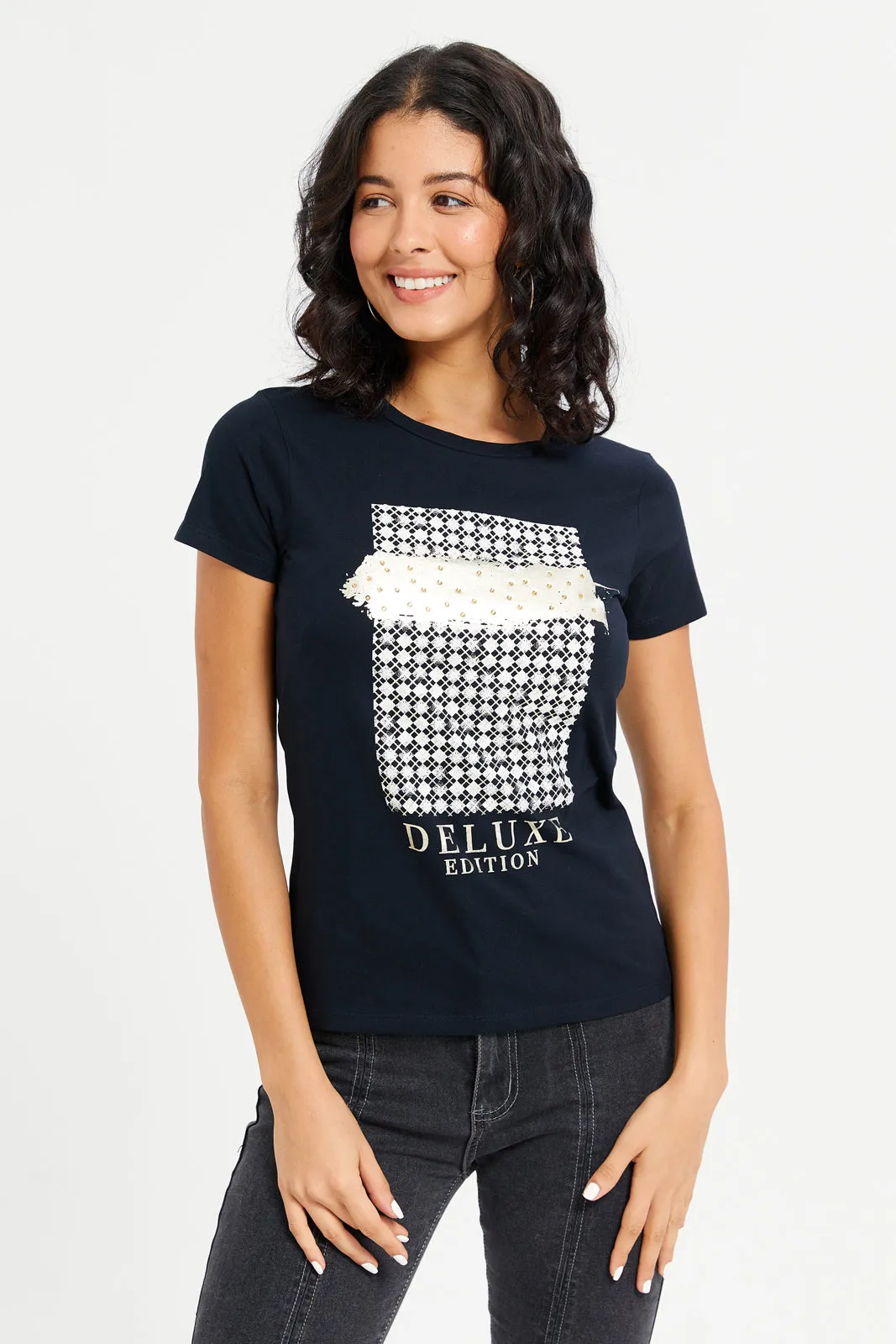 Women Black Deluxe Embellished T-Shirt sold by Redtag