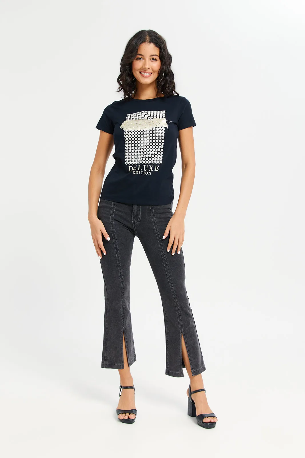 Women Black Deluxe Embellished T-Shirt sold by Redtag product image thumbnail 2