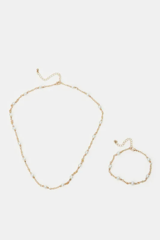 Women Gold Embellished Necklace And Bracelet Set (2 Piece) sold by Redtag