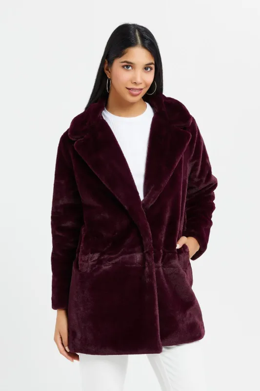 Women Burgundy Faux Fur Coat sold by Redtag