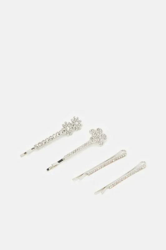 Women Silver Embellished Hair Clip (4 Piece) sold by Redtag