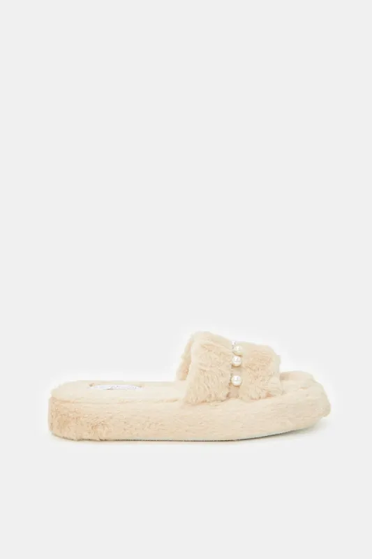 Women Beige Pearl Trim Slippers sold by Redtag