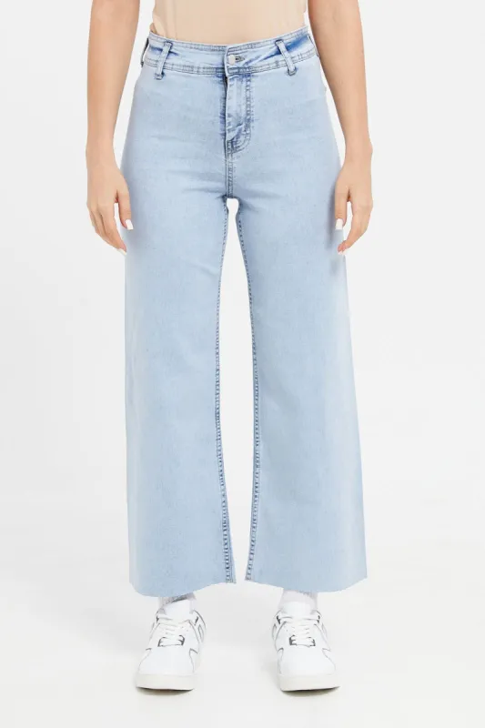 Women Blue Cropped Wide Leg Jeans sold by Redtag