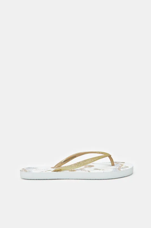 Women White And Gold Printed Flip Flops sold by Redtag