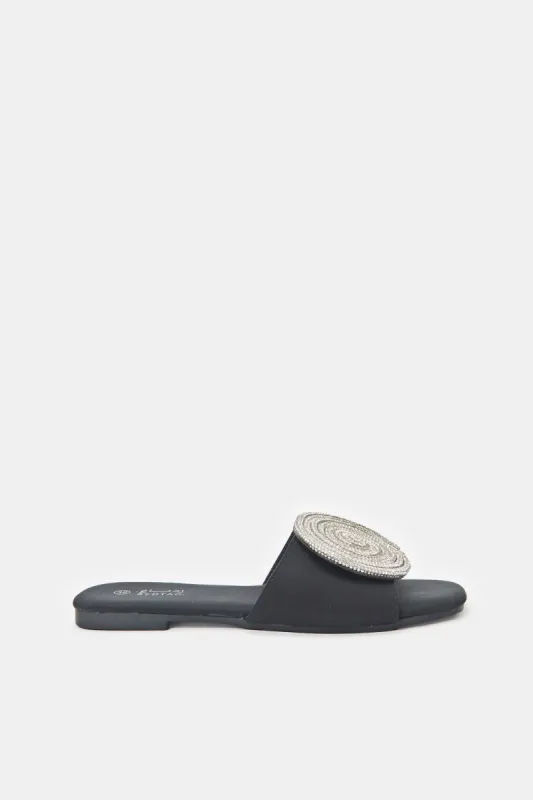 Women Embellished Black Satin Mule sold by Redtag