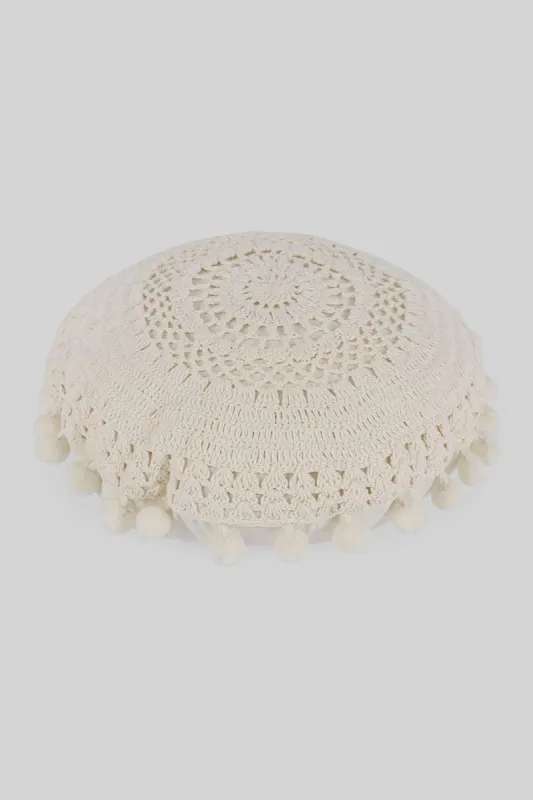Ivory Crochet Round Cushion With Pom Pom sold by Redtag