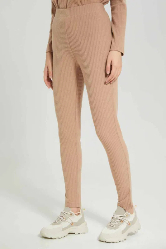 Women Beige Ribbed Lounge Pant sold by Redtag