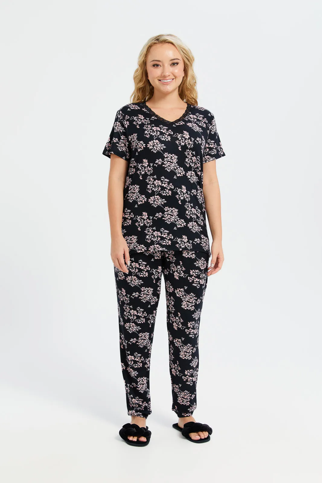 Women Black Printed Pyjama Set (2 Piece) sold by Redtag
