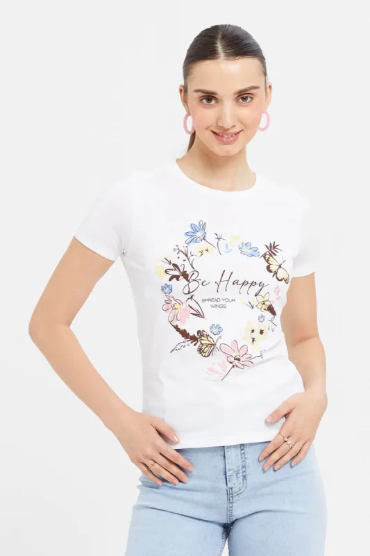 Women White Butterfly Printed T-Shirt sold by Redtag