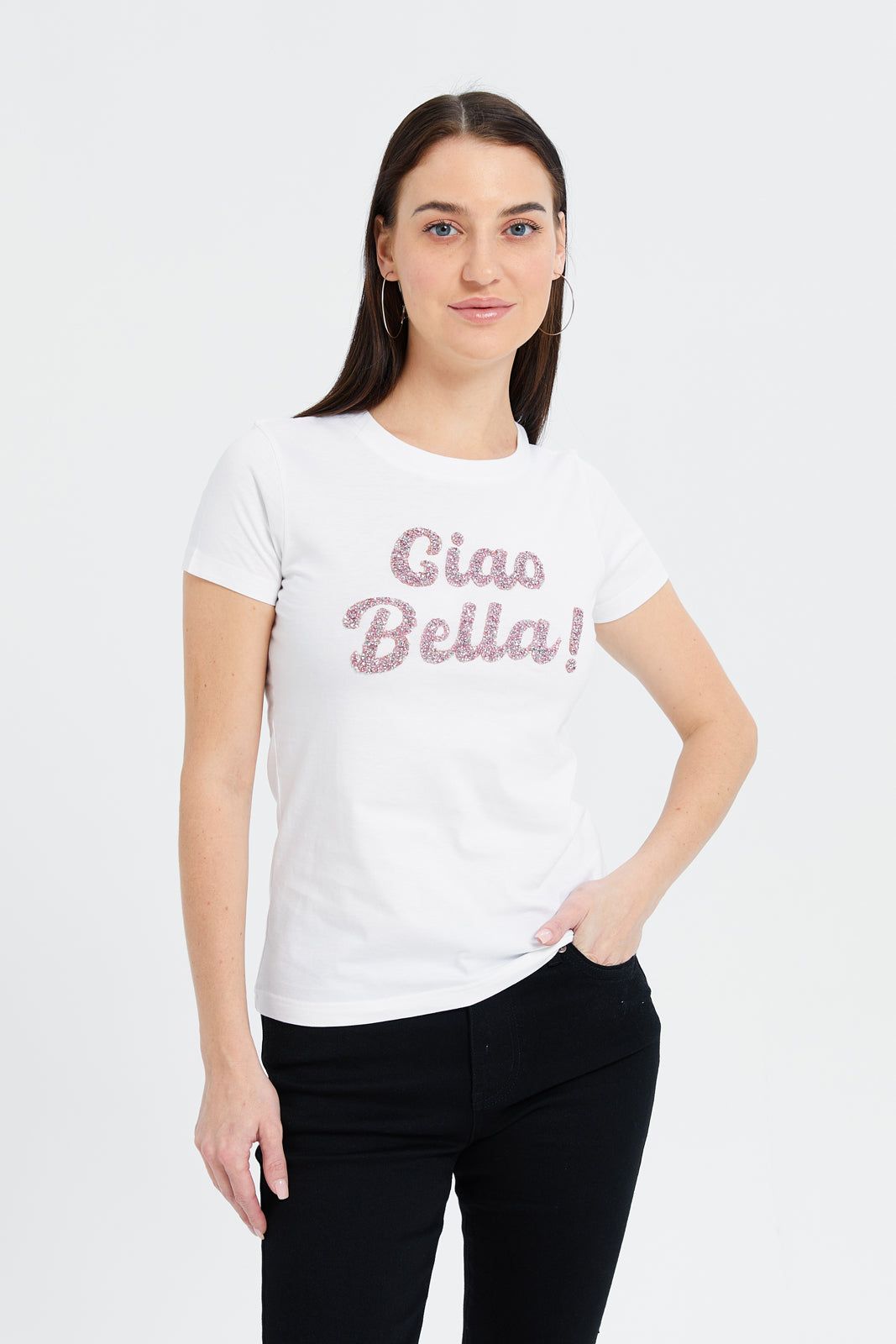 Women White Ciao Bella Embellished T-Shirt sold by Redtag