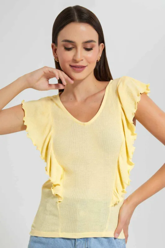 Yellow Frill Detail Ribbed Top sold by Redtag