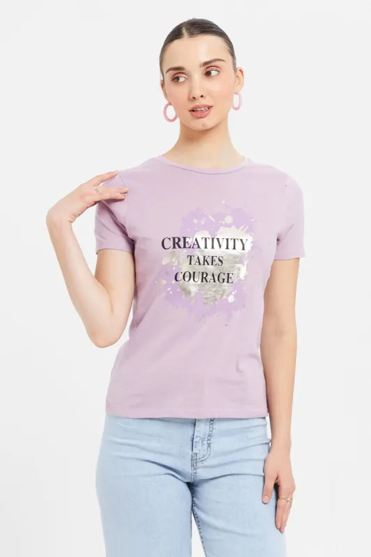 Women Lilac Creativity Foil Printed T-Shirt sold by Redtag