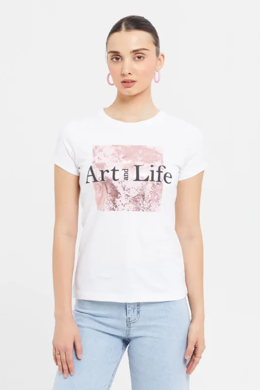 Women White Art Of Life Foil Printed T-Shirt sold by Redtag