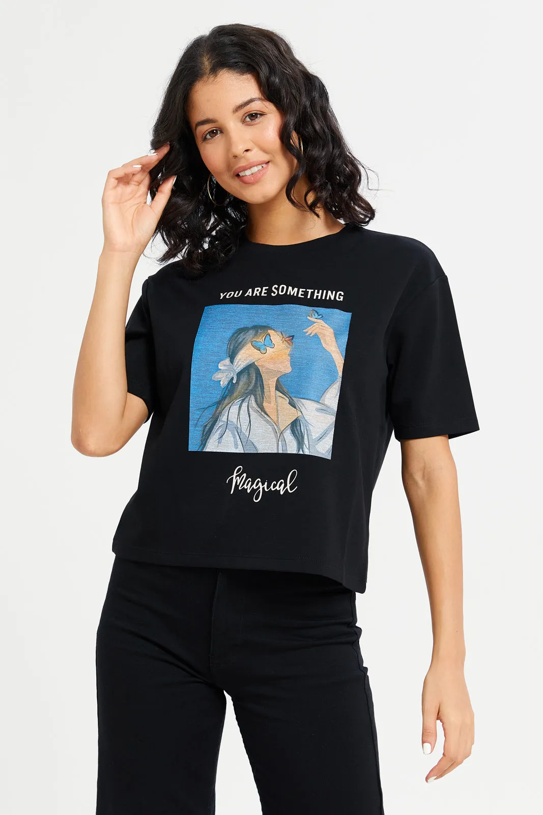 Women Black Embellished T-Shirt sold by Redtag