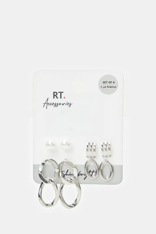 Women Silver Embellished Earrings Set (4 Pairs) sold by Redtag