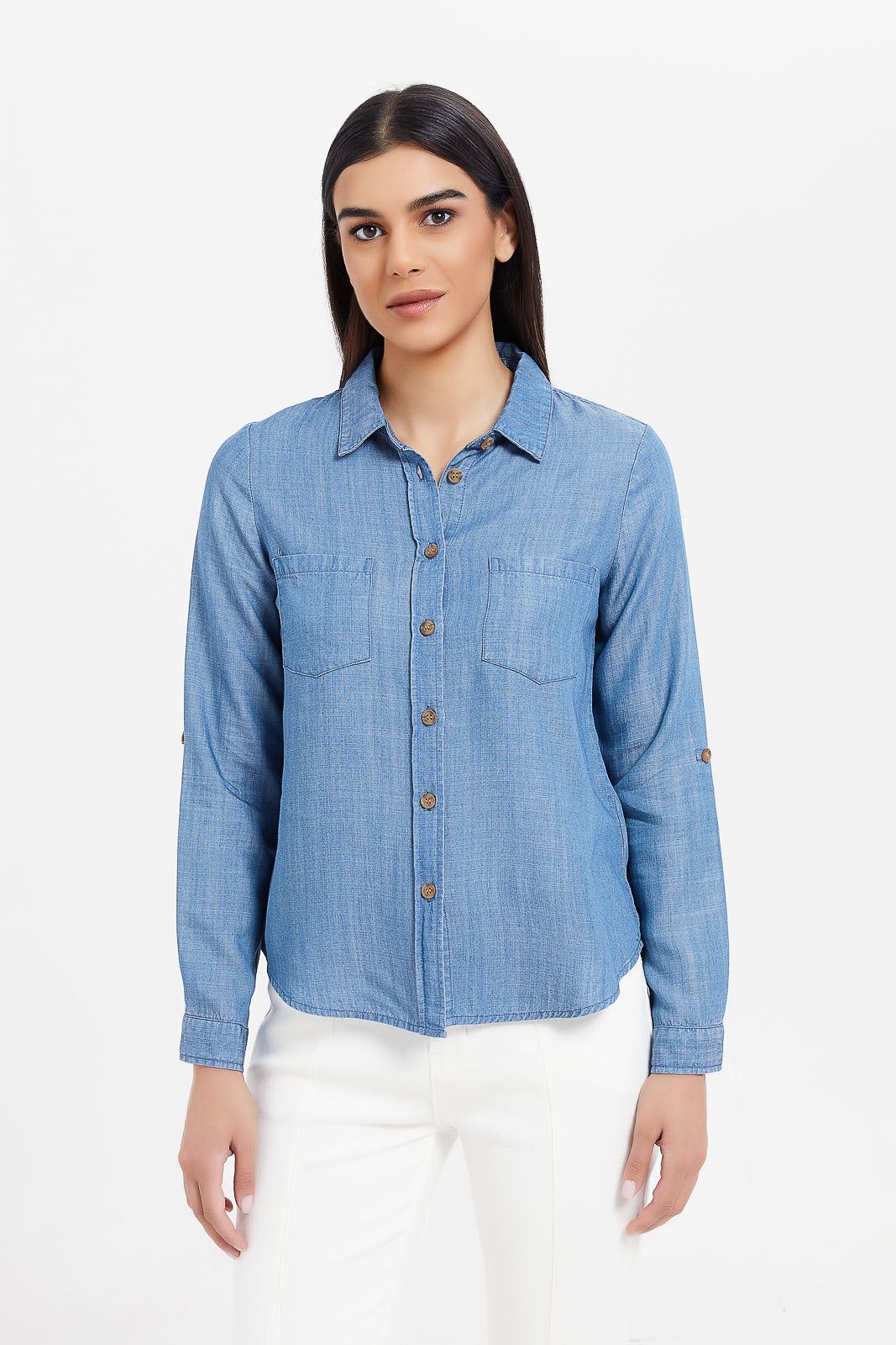 Women Blue Mid Wash Denim Shirt sold by Redtag