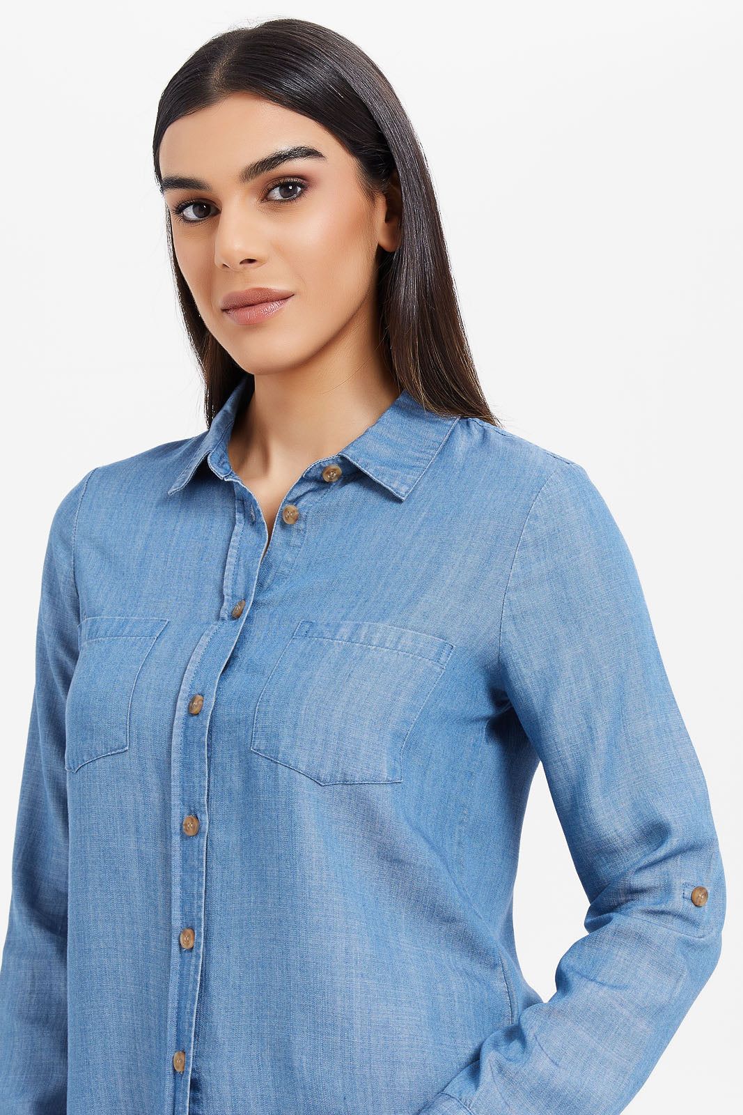 Women Blue Mid Wash Denim Shirt sold by Redtag product image thumbnail 4