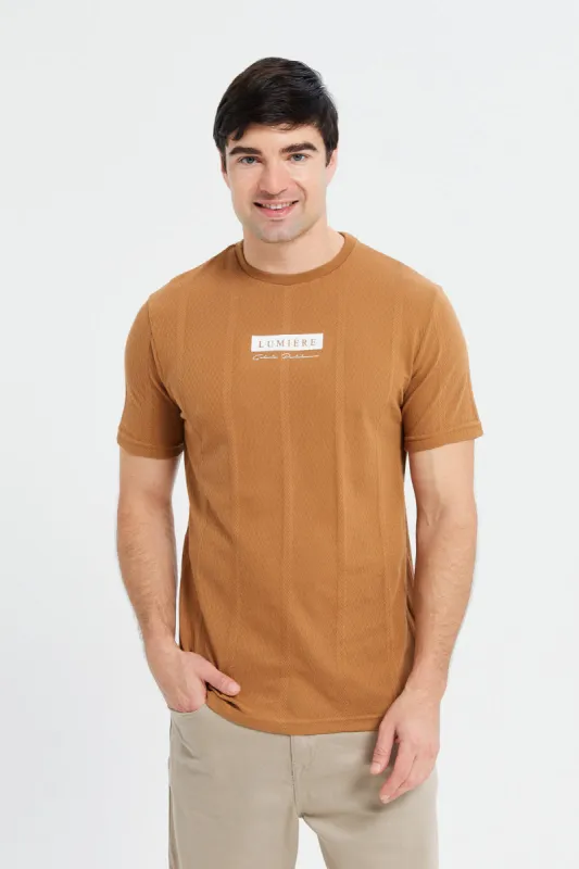 Men Brown Jacquard T-Shirt sold by Redtag