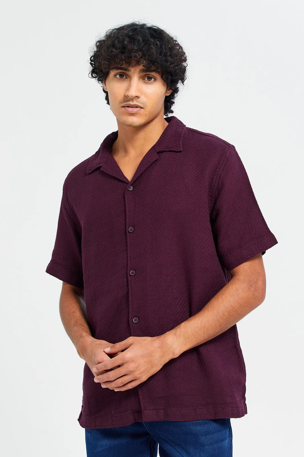 Men Burgundy Jacquard Shirt sold by Redtag