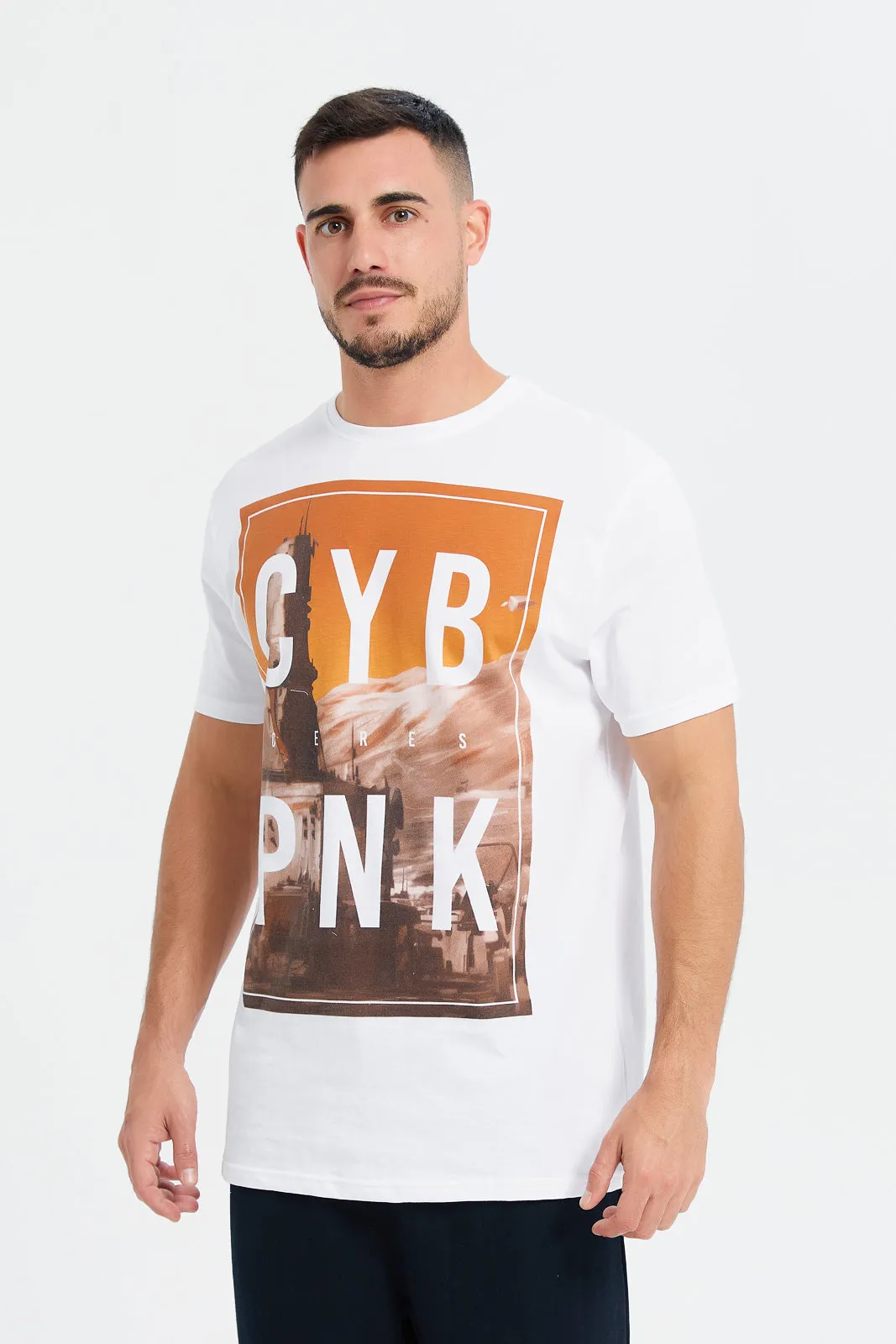 Men White CYB PNK Print Graphic T-Shirt sold by Redtag