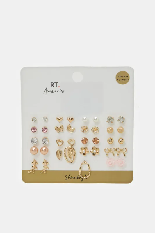 Women Gold Embellished Studs (19 Pairs) sold by Redtag