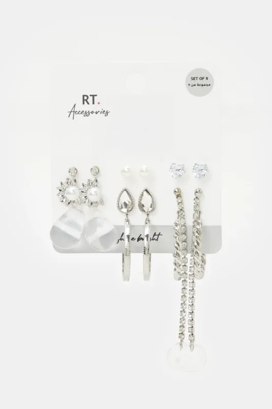 Women Silver Embellished Earrings Set (9 Pairs) sold by Redtag