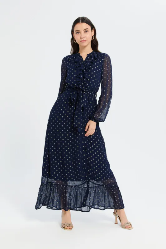 Women Navy Ruffle Detailed Jacquard Dress sold by Redtag