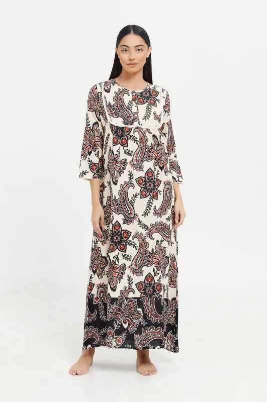 Women Beige Printed Nightgown sold by Redtag
