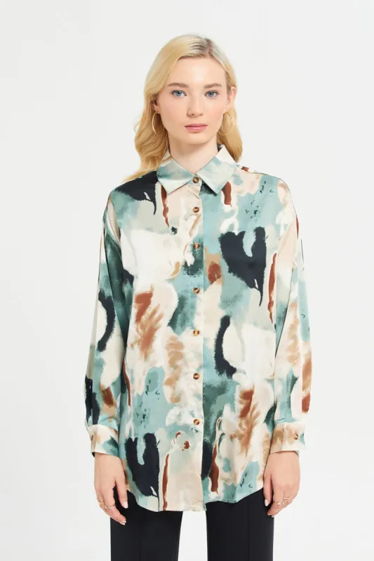Women Multicolour Printed Oversize Satin Shirt sold by Redtag