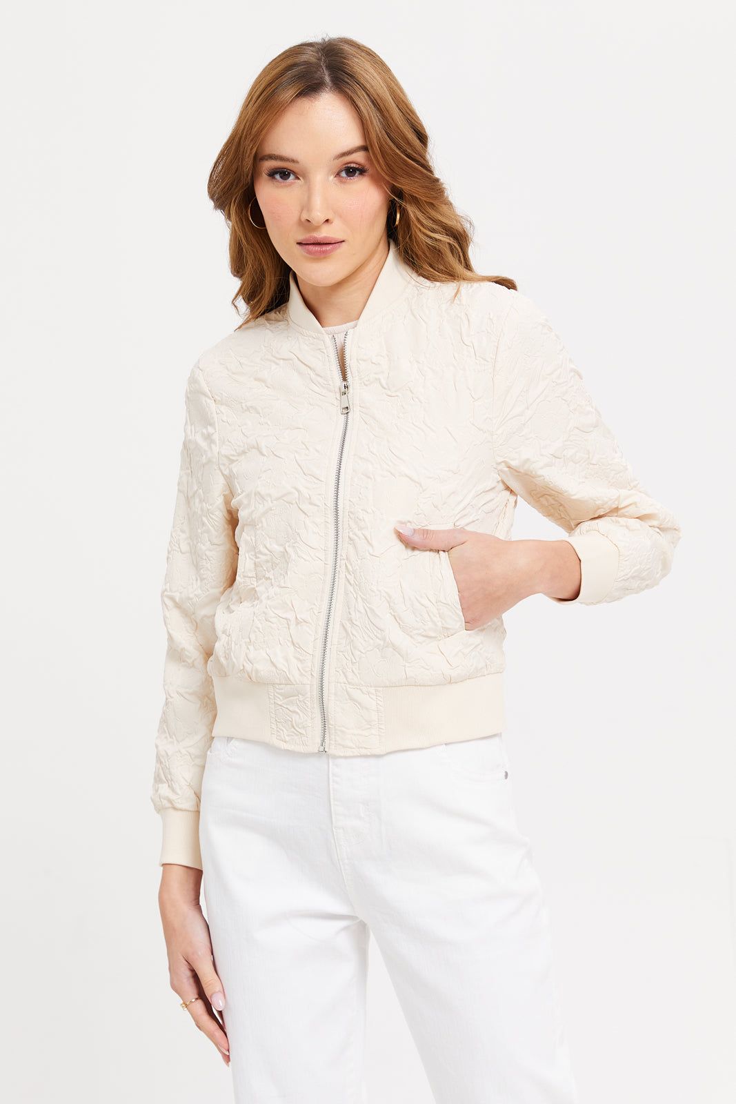 Women Beige Textured Bomber Jacket sold by Redtag